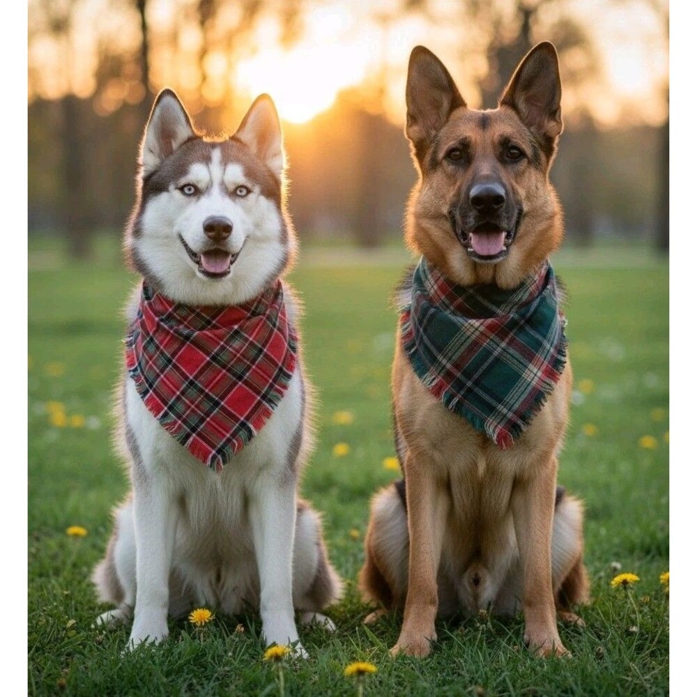 Christmas Dog Bandanas 2 PCS Plaid Two-Sided Scarf with Tassels Red-Green